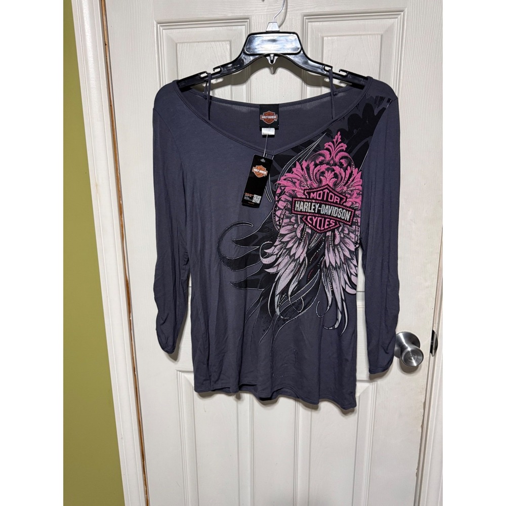 Harley Davidson Womens Top XL Gray Wings Rhinestone New With Tags